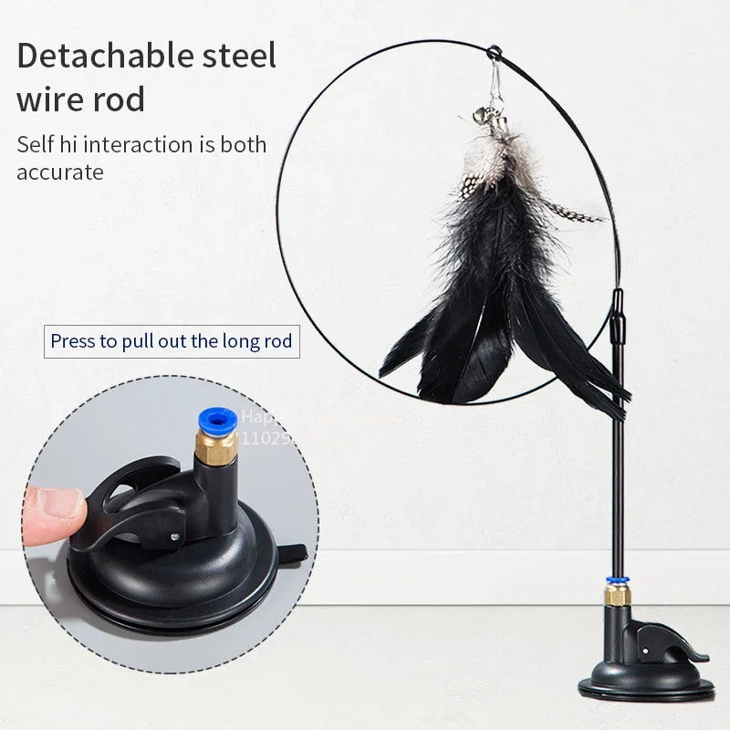 Cat Toy Cat Teaser Stick With Bell Extended Rod Suction Cup Self High And Durable Bite Teaser Tool Replaceable Feather Head Flexibele stok en zuignap - product feature